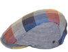 Side view of a colorful patchwork flat cap made from 100% linen. The cap features a vibrant mix of blues, reds, yellows, and greys with a herringbone texture, highlighting the breathable and lightweight qualities of the linen material.