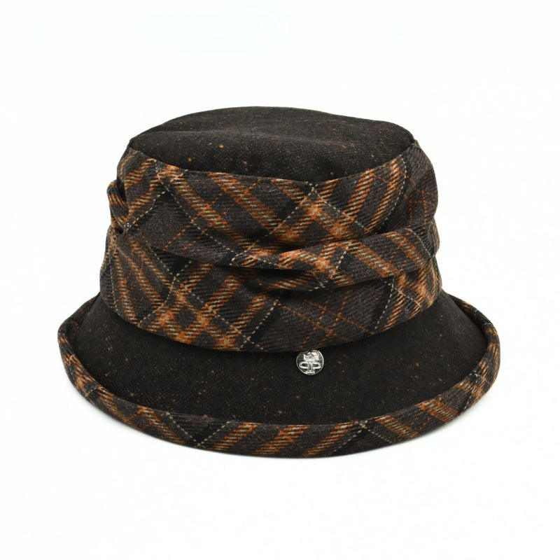A dark brown Vittoria Women's Wool Cloche Hat – Plaid Accents with a matching fabric band and a small silver metal emblem on the front of the brim, shown against a plain white background.