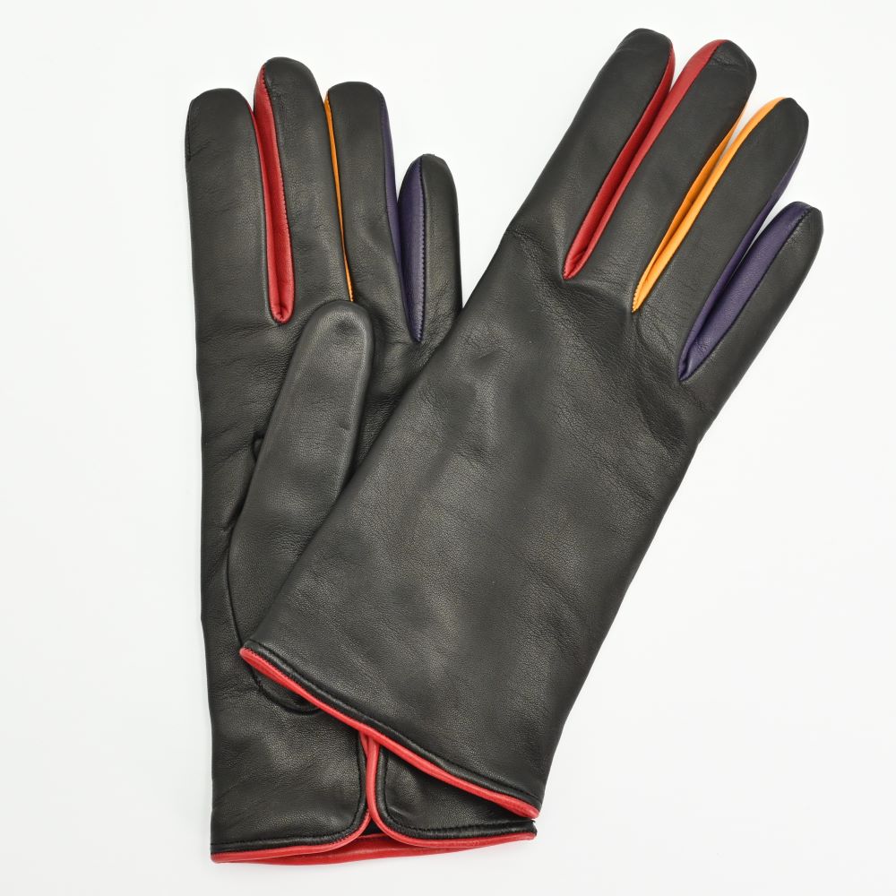 Elegant leather gloves crafted with a smooth black finish, featuring vibrant contrasting colors between the fingers and along the trim, offering a unique blend of sophistication and bold design.