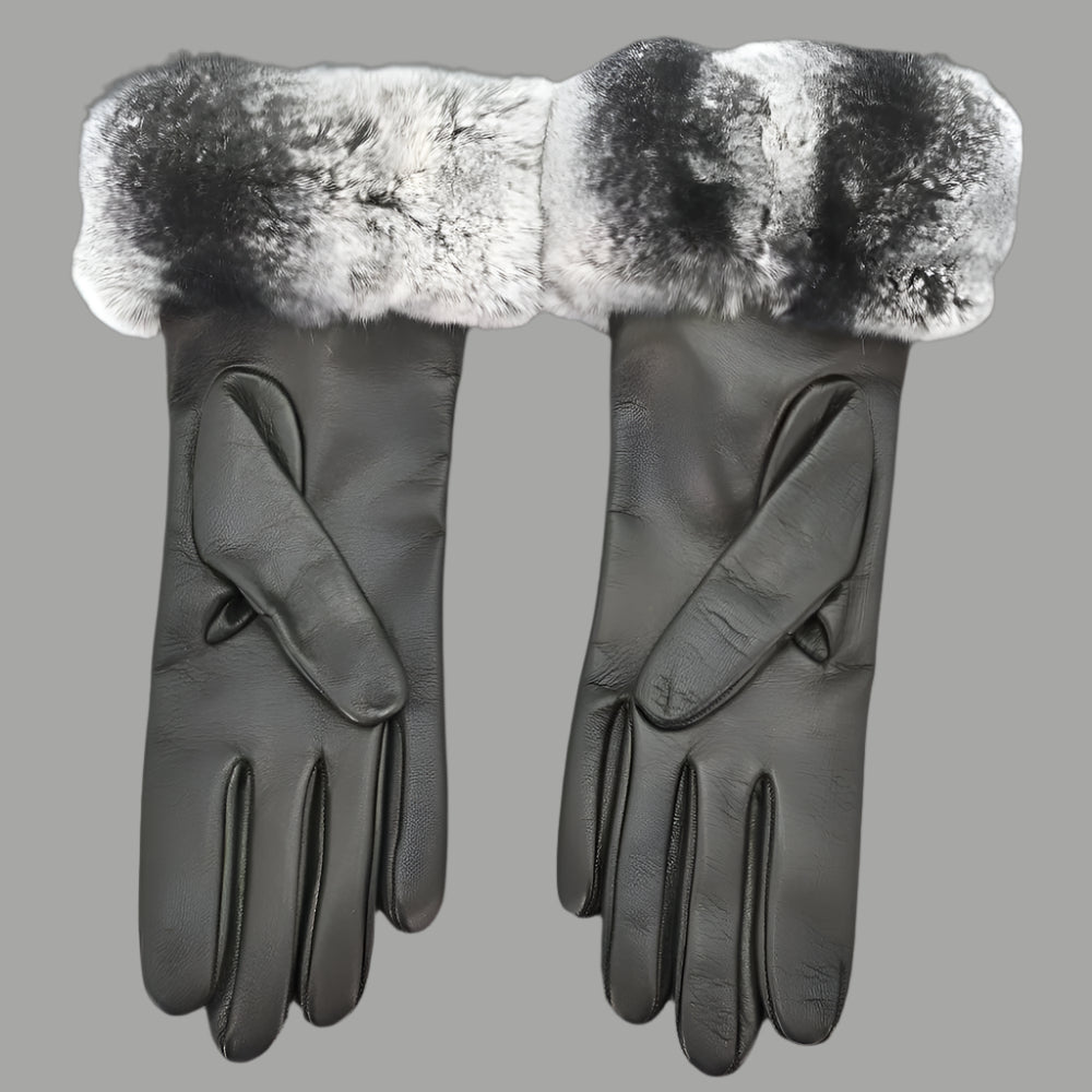 A pair of black women's leather gloves featuring a luxurious gray chinchilla fur trim, displayed on a gray background with both gloves elegantly positioned.