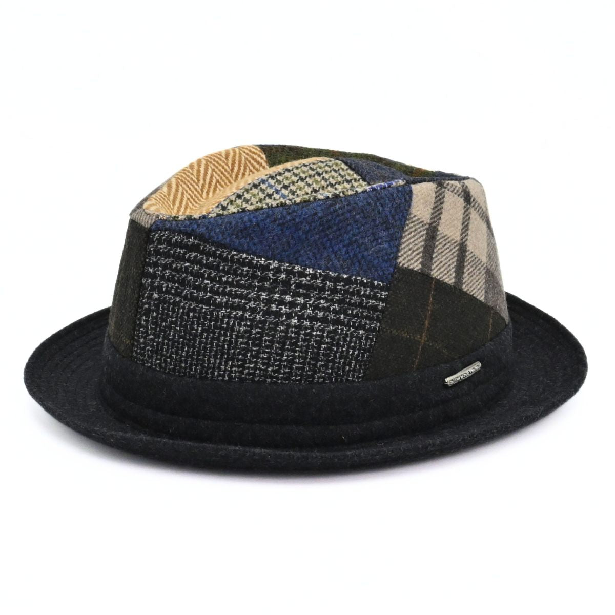 multicolor Wool Patchwork Pork Pie hat front and side view on white background
