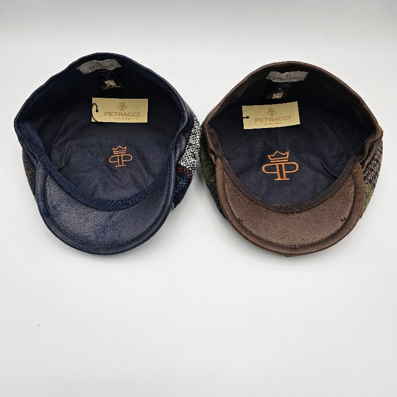 blue and brown newsboy hat inside view