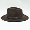 brown crushable Indiana Jones wool fedora with leather strap, studio view