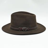 brown crushable Indiana Jones wool fedora with leather strap, studio view
