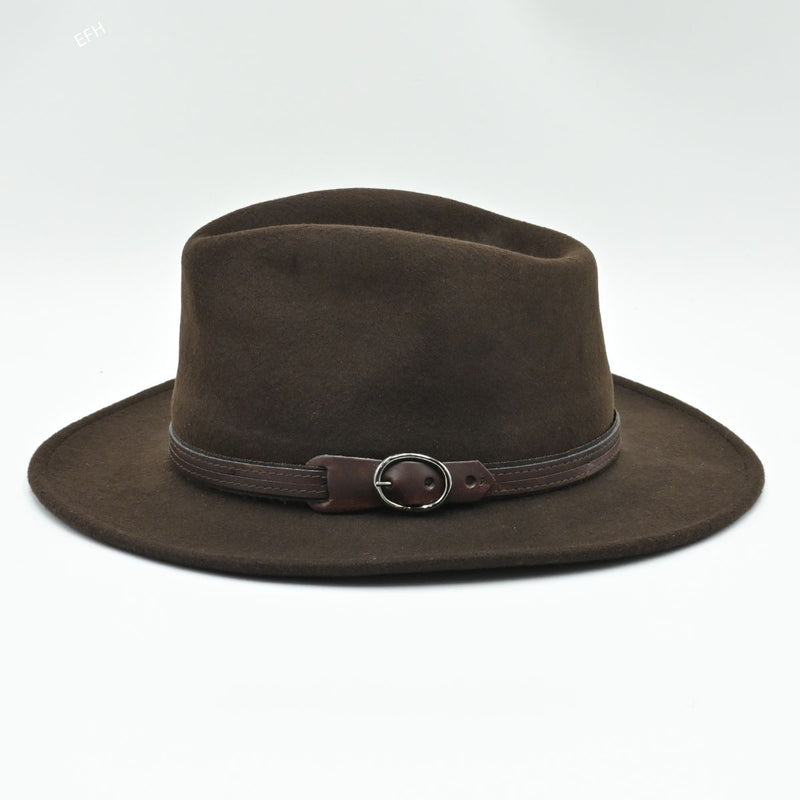 brown crushable Indiana Jones wool fedora with leather strap, studio view