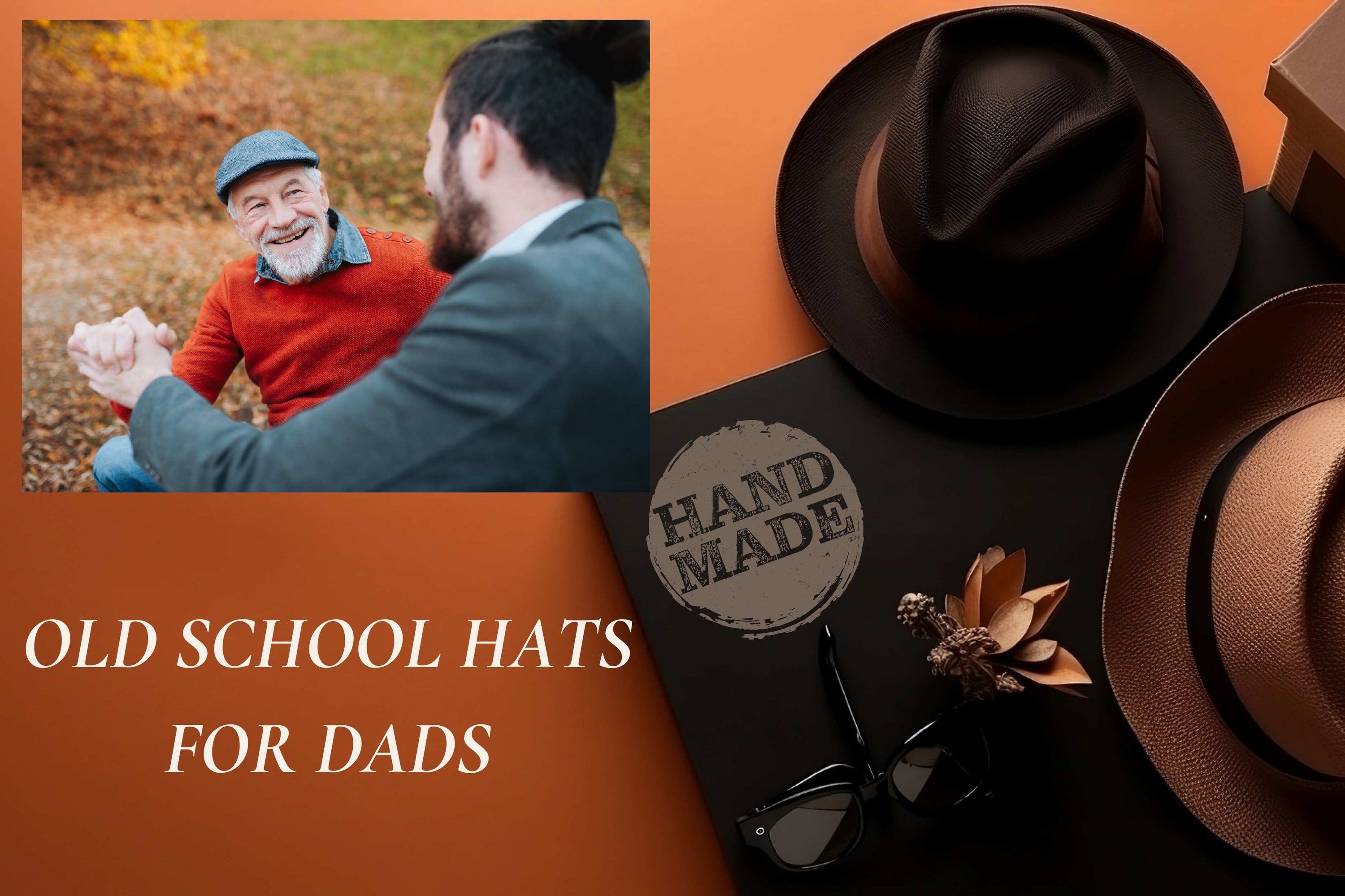 Father's Day banner featuring a father and son spending time together alongside handmade Italian hats, promoting timeless Father's Day gifts and Italian craftsmanship.