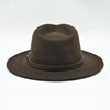 back view of brown crushable wool Indiana Jones fedora with brown leather strap