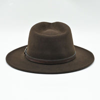 back view of brown crushable wool Indiana Jones fedora with brown leather strap