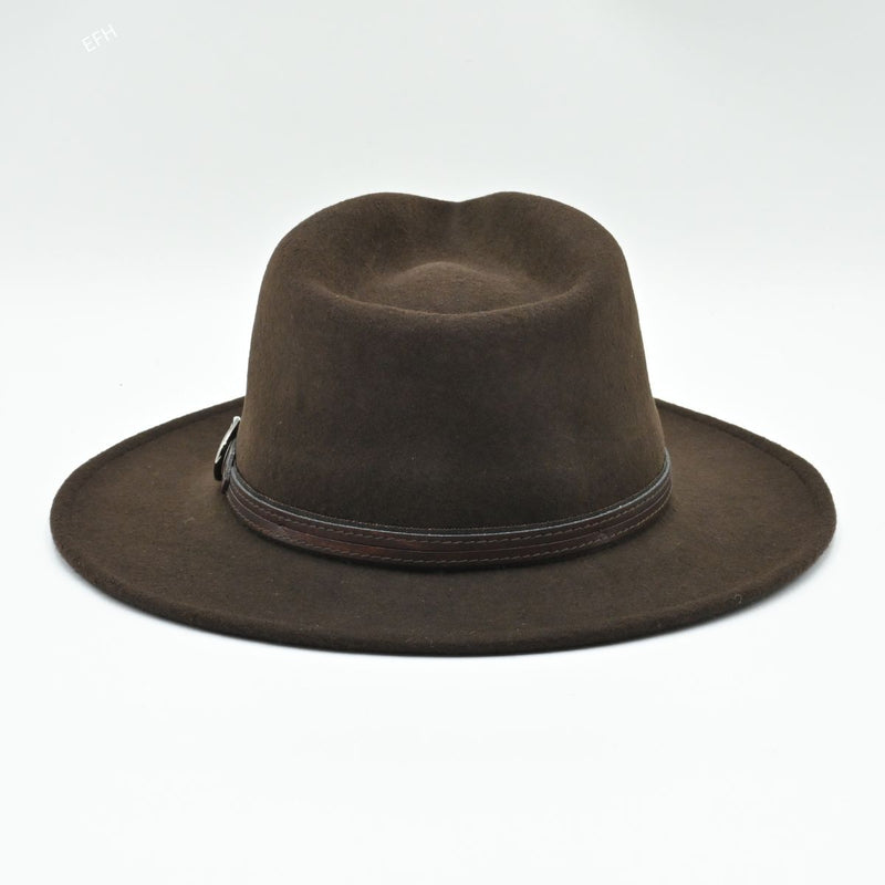 back view of brown crushable wool Indiana Jones fedora with brown leather strap