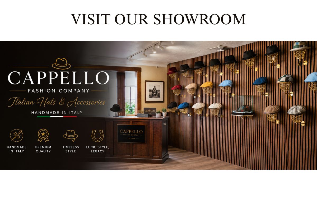 Promotional banner for Cappello Fashion Company featuring a showroom interior with a wood-paneled wall displaying many hats and accessories, a reception desk, and the text 'VISIT OUR SHOWROOM' at the top.