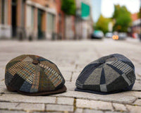 blue and brown newsboy hat front view